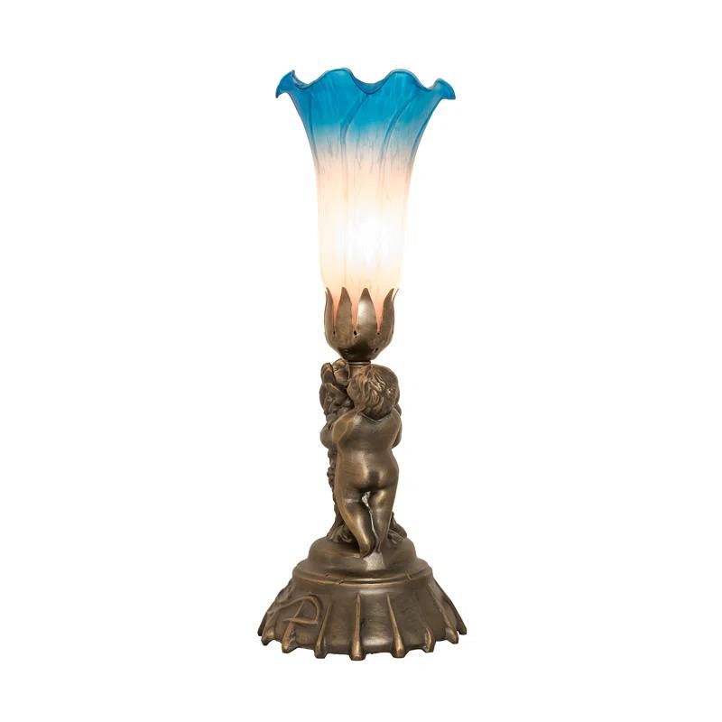 Meyda Lighting 13" High Pink/Blue Tiffany Pond Lily Twin Cherub Accent Lamp