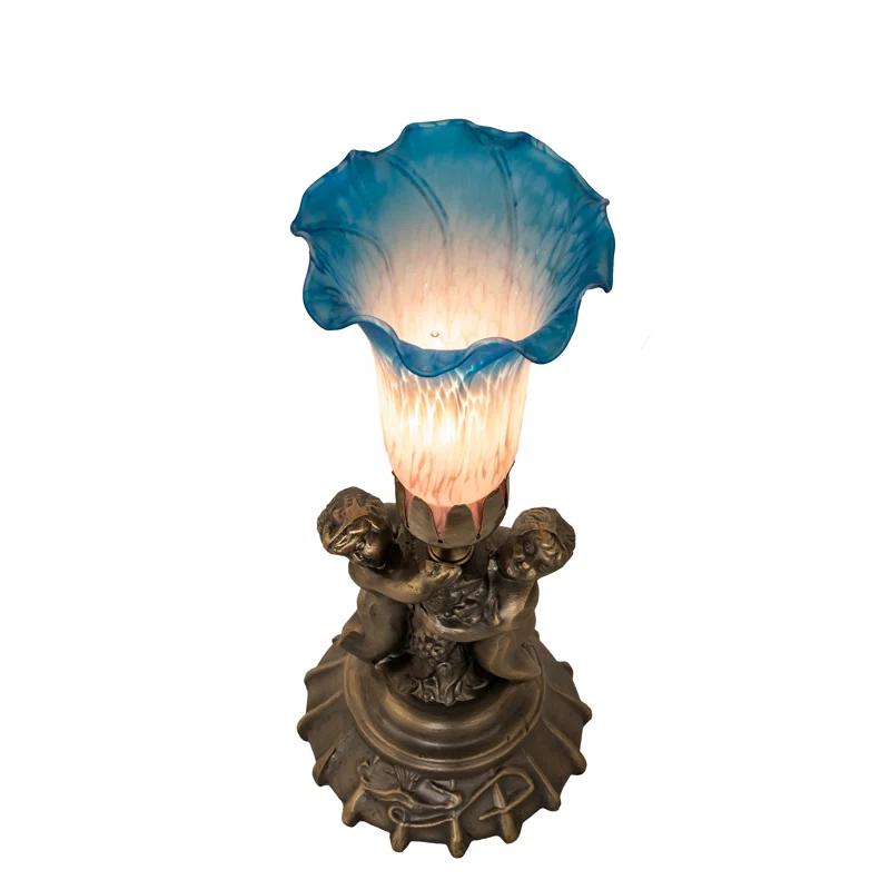 Meyda Lighting 13" High Pink/Blue Tiffany Pond Lily Twin Cherub Accent Lamp