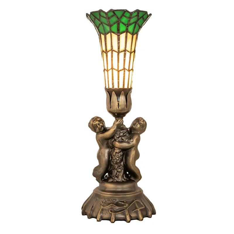 Elegant Twin Cherub 13" Stained Glass Mini Lamp in Antique Brass