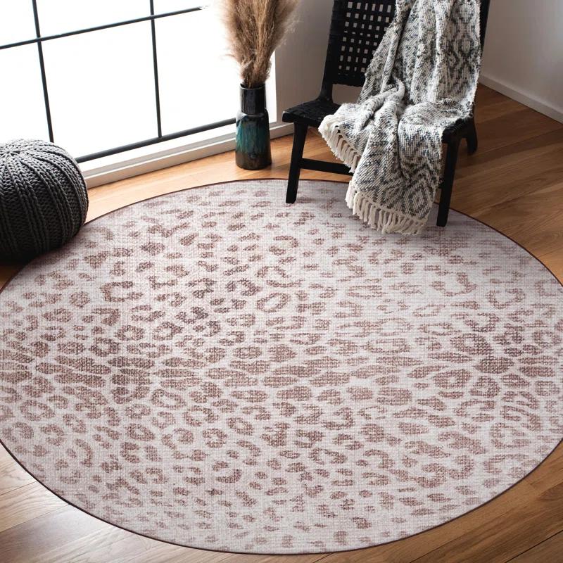 Miya Leopard Print Easy-Care Round 6' Gray Synthetic Rug