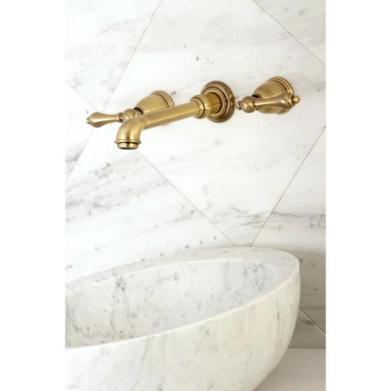 English Country 8" Antique Brass Wall Mount Bathroom Faucet