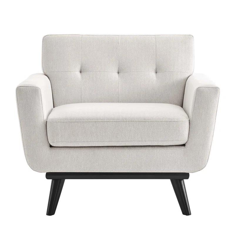 Ivory Faux Leather Mid-Century Modern Armchair with Tufted Buttons