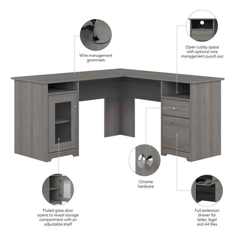 Modern Gray L-Shaped Computer Desk with Built-In USB and Storage