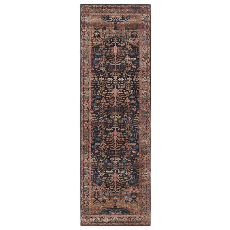 Reversible Floral Blue & Tan Easy-Care Polyester Runner Rug, 2'6" x 8'