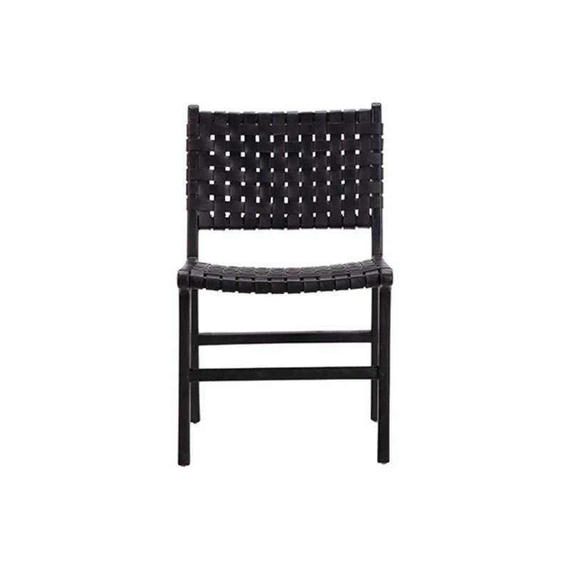 Antique Black Leather Teak Wood Woven Side Chair