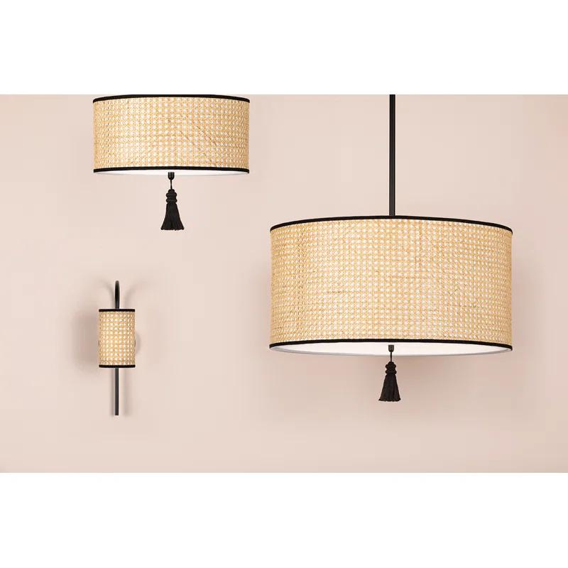 Dolores Soft Black and Natural Cane 3-Light Drum Pendant