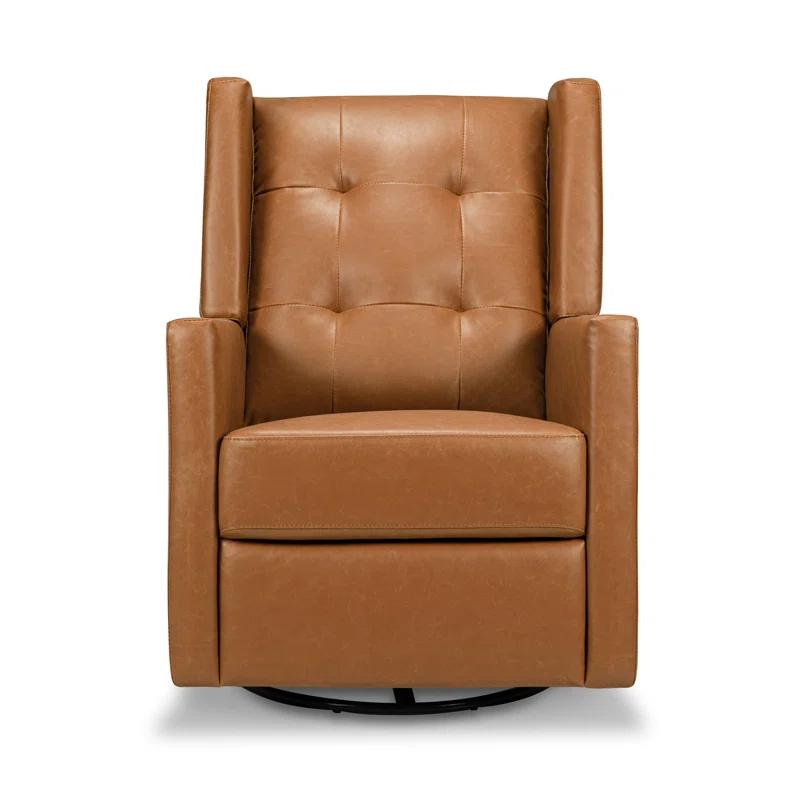 Vegan Tan Faux Leather Swivel Recliner with Wood Accents