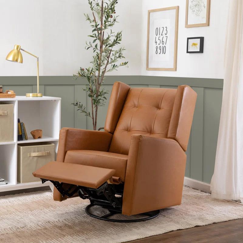 Vegan Tan Faux Leather Swivel Recliner with Wood Accents