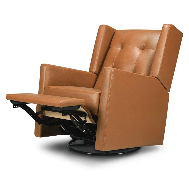 Vegan Tan Faux Leather Swivel Recliner with Wood Accents