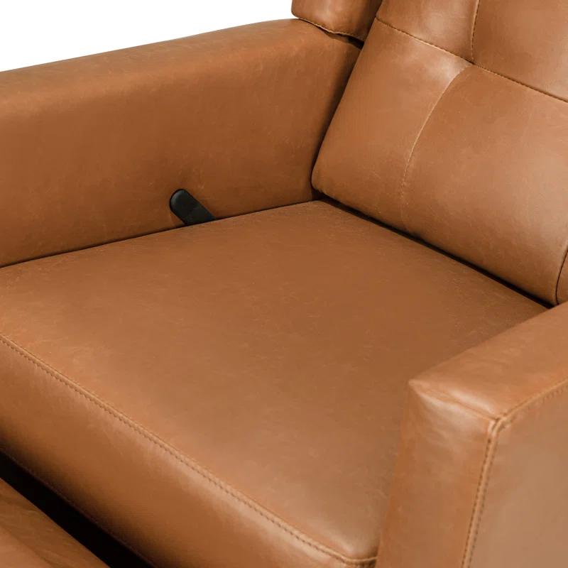 Vegan Tan Faux Leather Swivel Recliner with Wood Accents