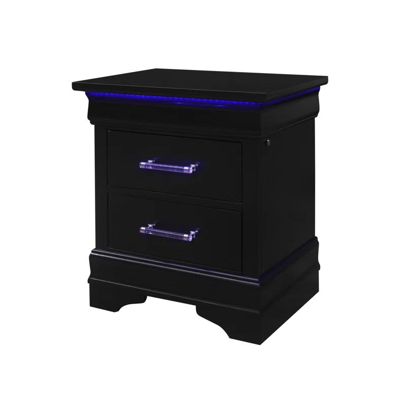 Charlie Black 2-Drawer Nightstand with LED and Acrylic Accents