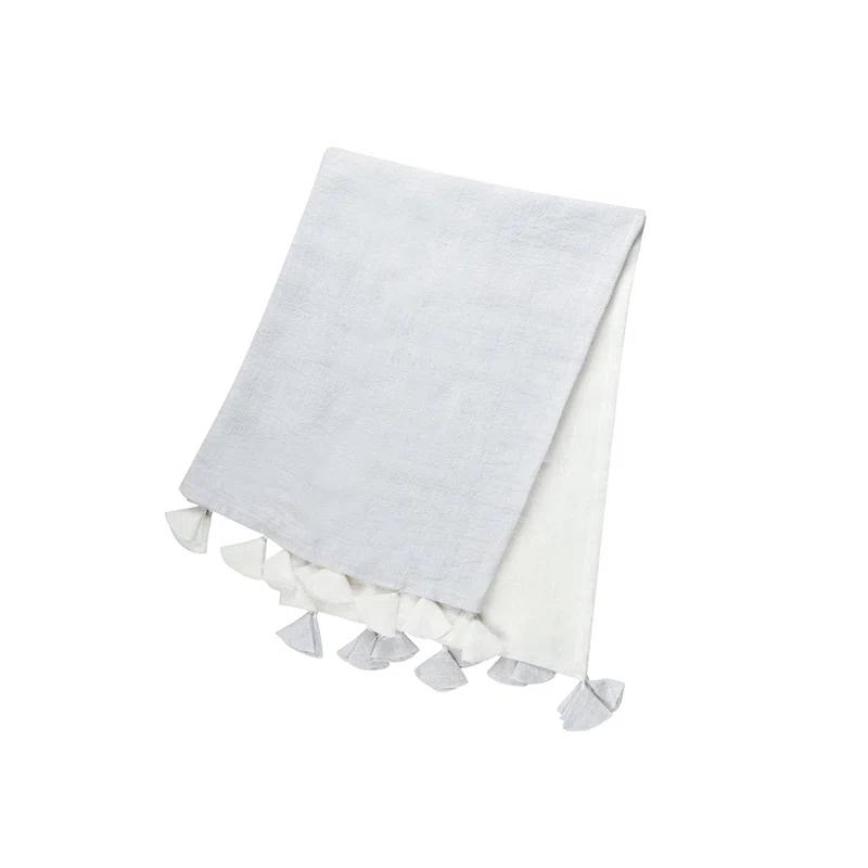 Anaya Luxe Woven Light Grey Linen Throw Blanket with Tassels