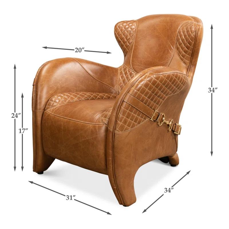 Hera Brown Genuine Leather Tufted Armchair with Solid Wood Legs