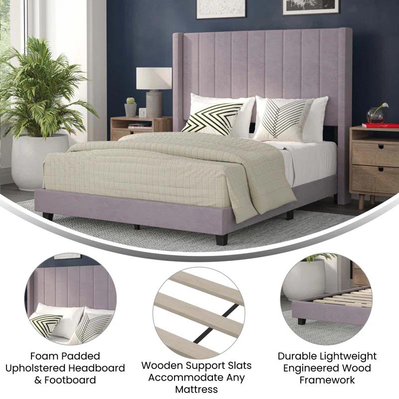 Flash Furniture Upholstered Platform Bed with Vertical Stitched Wingback Headboard, Slatted Mattress Foundation