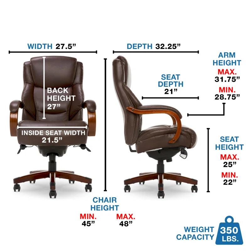 La-Z-Boy La-Z-Boy Delano Big & Tall Executive Office Chair, Ergonomic Mid-Back with Body Pillow Lumbar Support, ComfortCore® with Memory Foam Cushion, Mahogany Wood Arms and Swivel Base, Bonded Leather