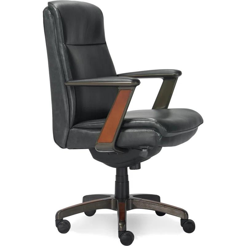 Executive High-Back Black Leather Swivel Office Chair with Wood Accents