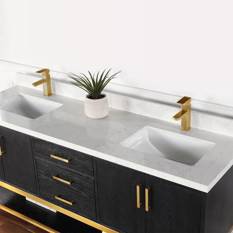Wildy 72'' Black Oak Double Bathroom Vanity with Grain White Stone Top