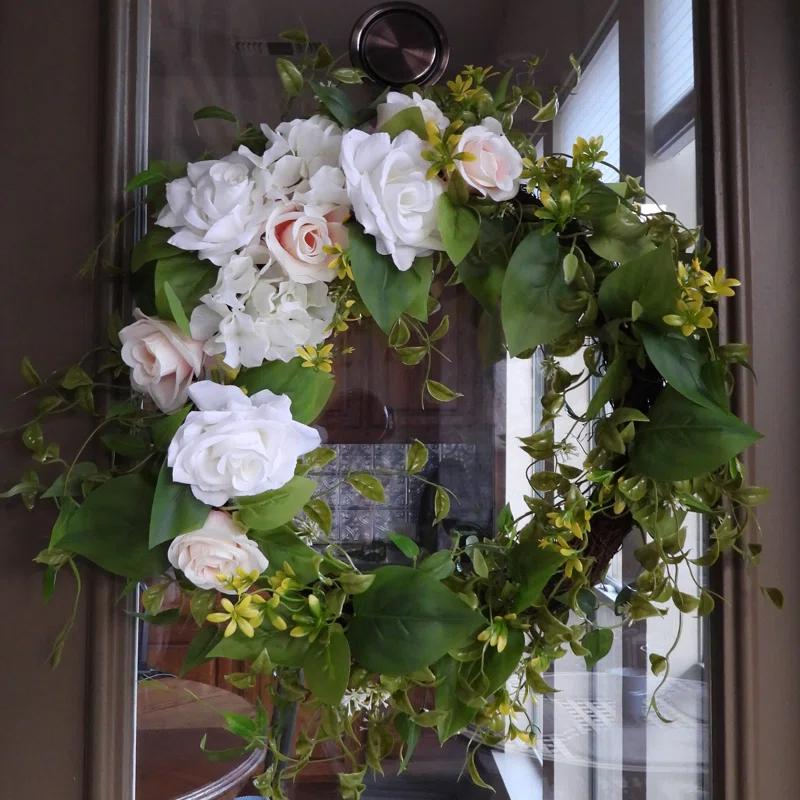 Springtime Elegance Pink & White Rose Hydrangea 24'' Grapevine Wreath