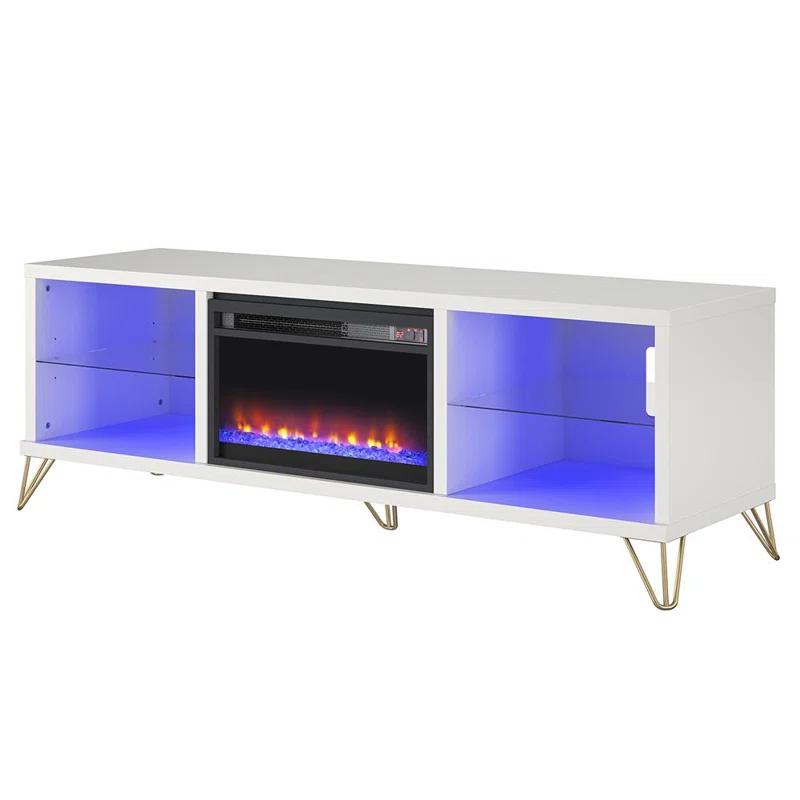 Finley 70" White Electric Fireplace TV Stand with Glass Shelves