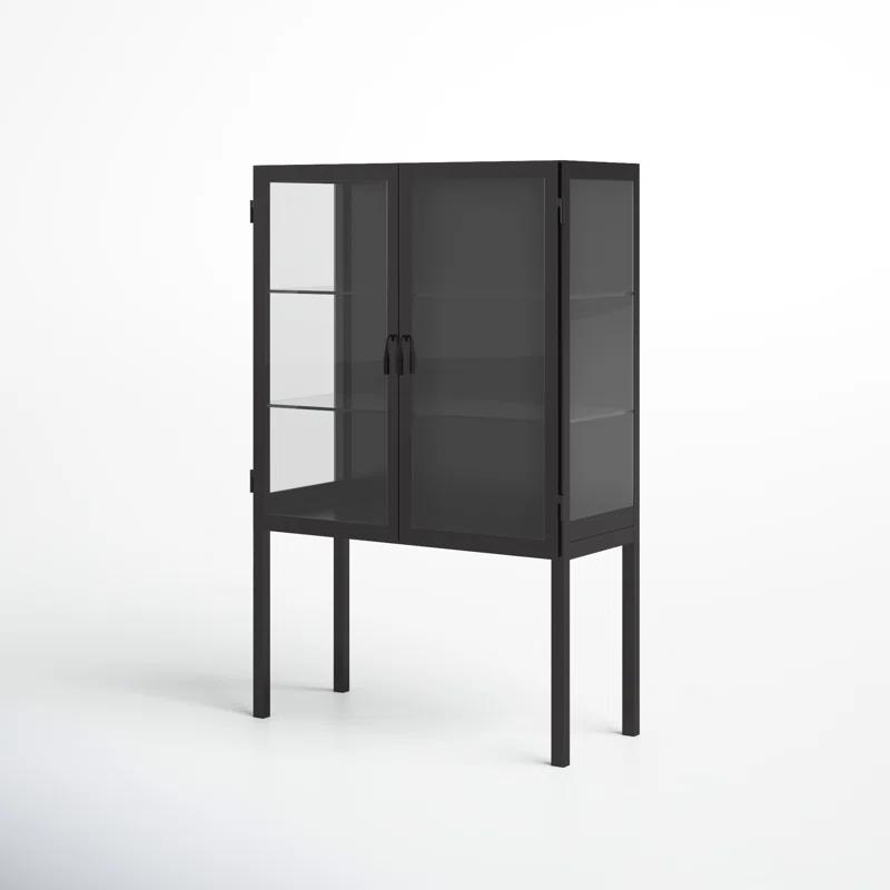Lomita Minimalist Black Iron & Clear Glass Wide Storage Cabinet