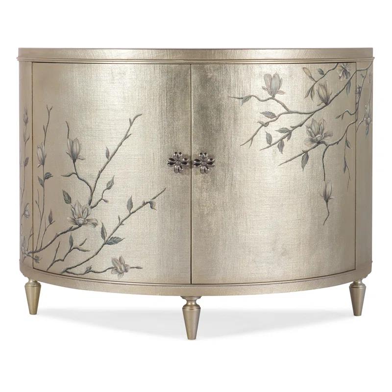 Marguerite Demilune Chest in Champagne Linen with Silver Floral Knobs