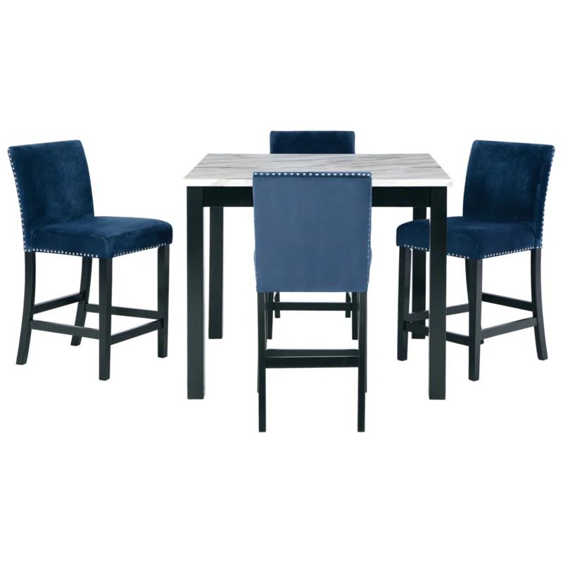 Contemporary Black and Blue Marble Counter Height Dining Set