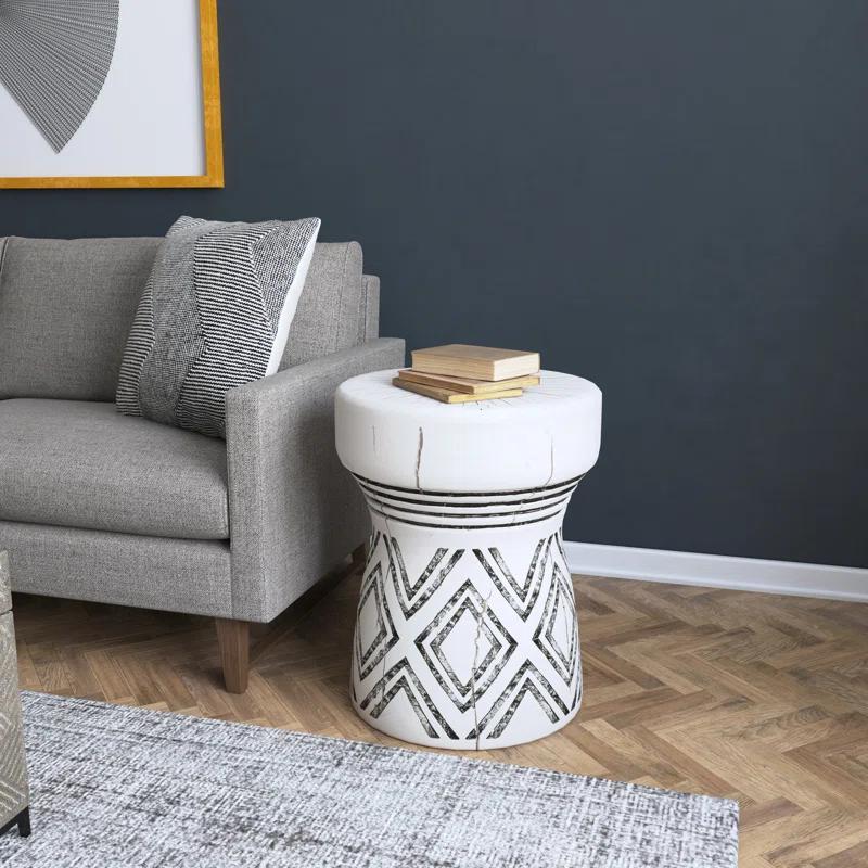 White and Black Round Wood Stone End Table