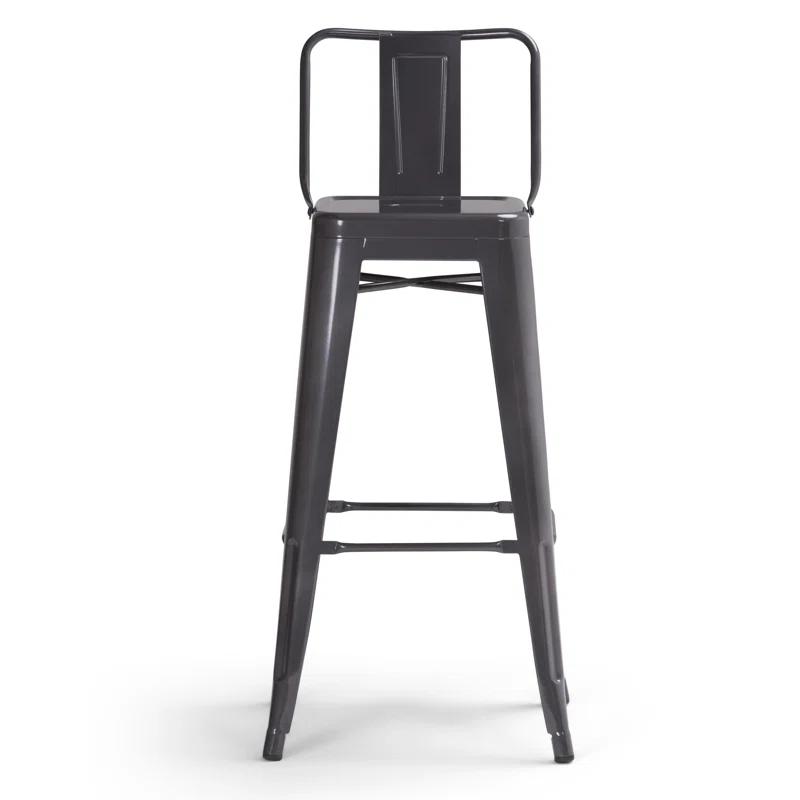 Simpli Home Rayne Metal Industrial Stool with Curved Back, Cross-Brace, and Footrest