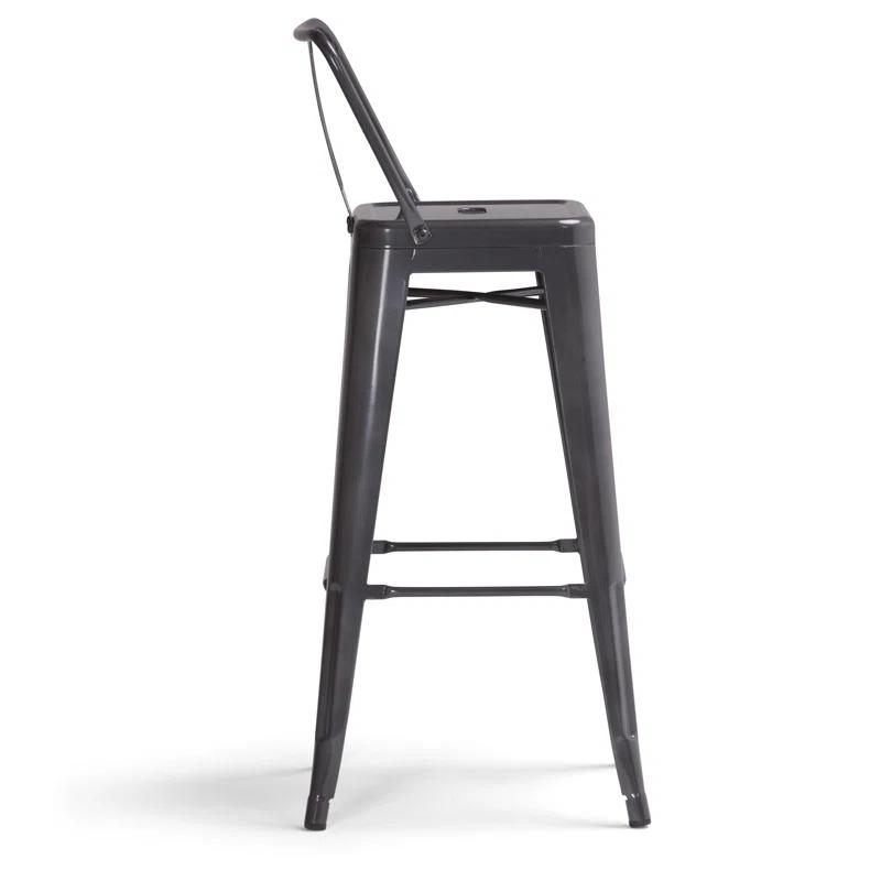 Simpli Home Rayne Metal Industrial Stool with Curved Back, Cross-Brace, and Footrest