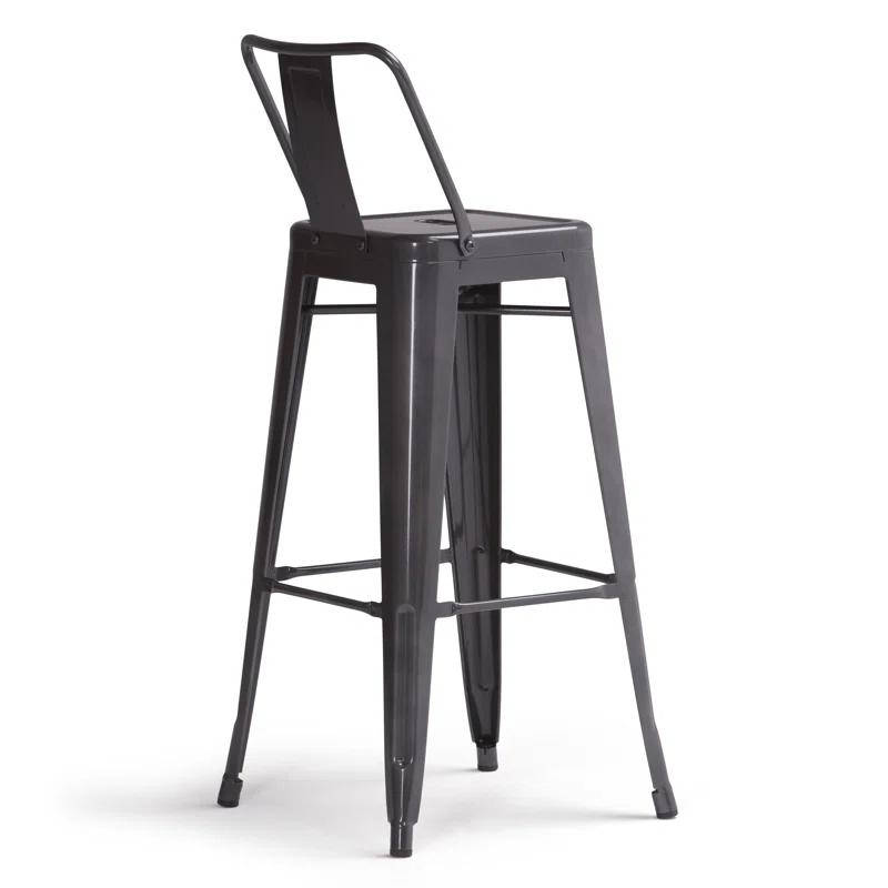 Simpli Home Rayne Metal Industrial Stool with Curved Back, Cross-Brace, and Footrest