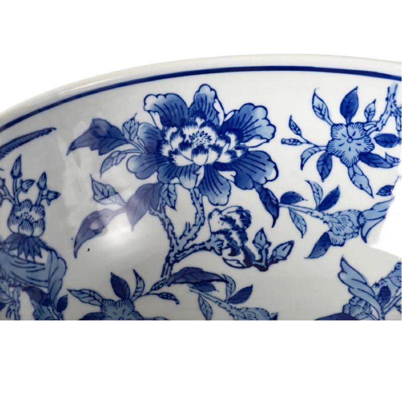 Elegant Blue and White Floral Ceramic Bowl Set, 17.3"