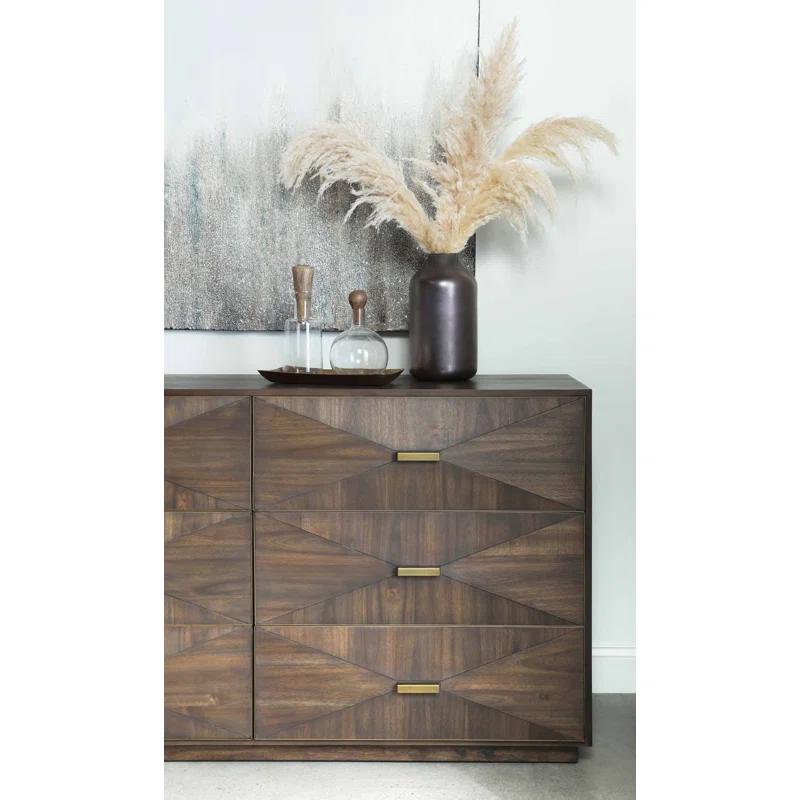 Transitional Acacia Veneer 6-Drawer Double Dresser with Brushed Gold Accents