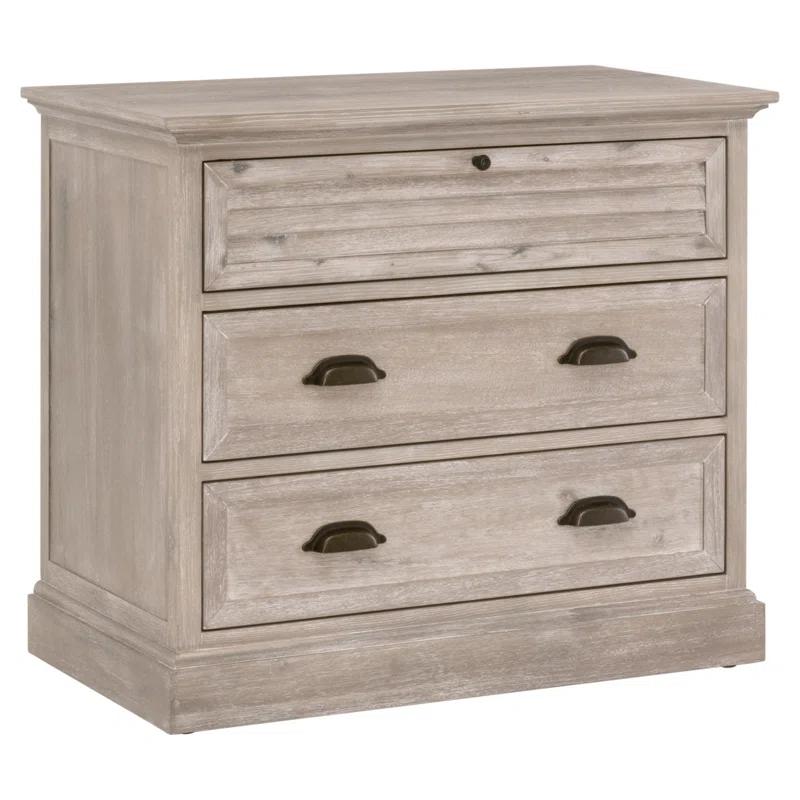 Transitional 3-Drawer Beige Acacia Nightstand with Slatted Design
