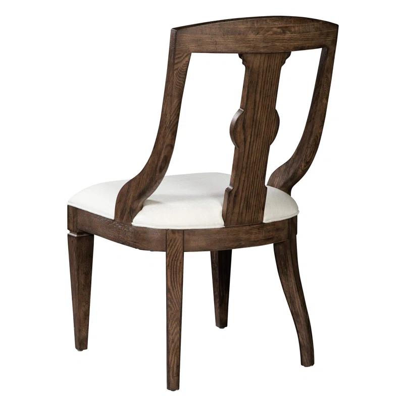 Elegant Oak and Linen White Slat-Back Arm Chair