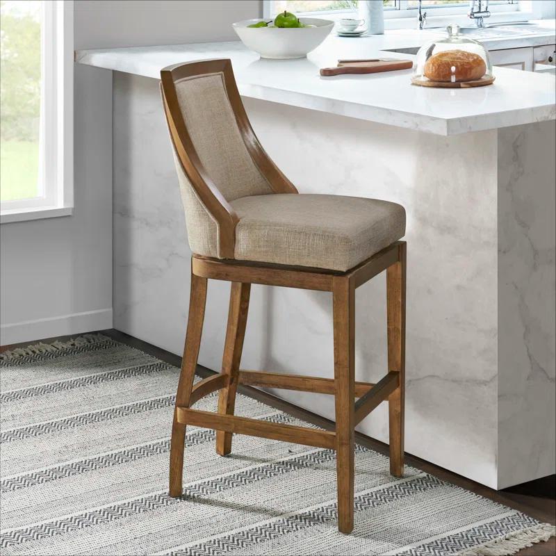 Alaterre Ellie Bar Height Stool, Back, Swivel Seat, Brown, Upholstered Padded Seat, Rubberwood Frame, Steel Memory Return Mechanism, Dimensions 19 in. W x 22 in. D x 46 in. H, Footrest, Metal Kick Plate