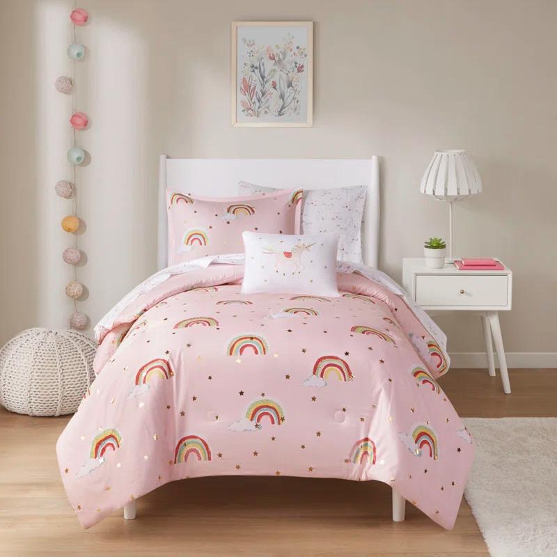 Whimsical Twin Pink Microfiber Comforter Set with Rainbow Stars