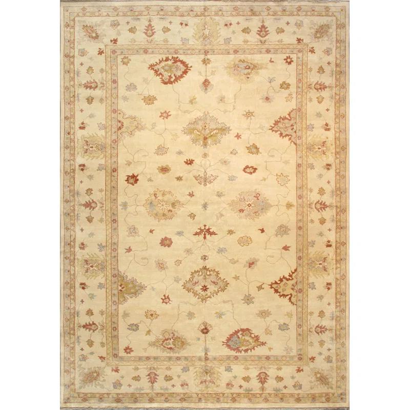 Elegant Ivory Floral Hand-Knotted Wool Rug - 12' 1" x 17' 2"