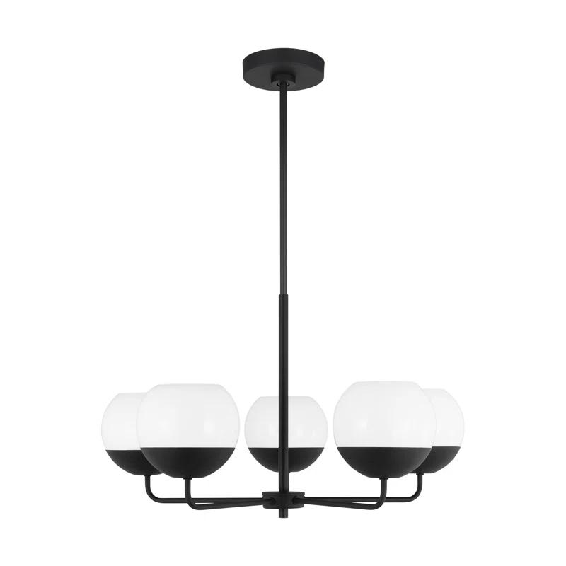 Alvin Midcentury Midnight Black 5-Light Chandelier with Milk Glass Shades