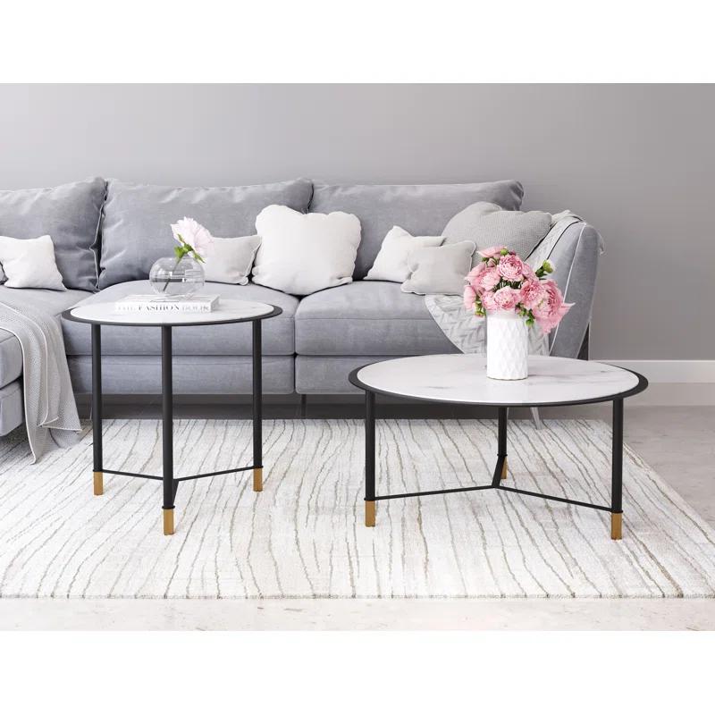 Mod Davis 31.5" Round Coffee Tables in Black & White with Marble Print