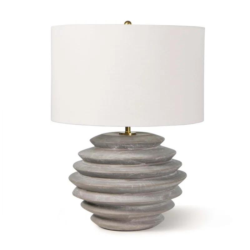 Canyon Grey Ceramic Table Lamp with Linen Shade and Brass Accents