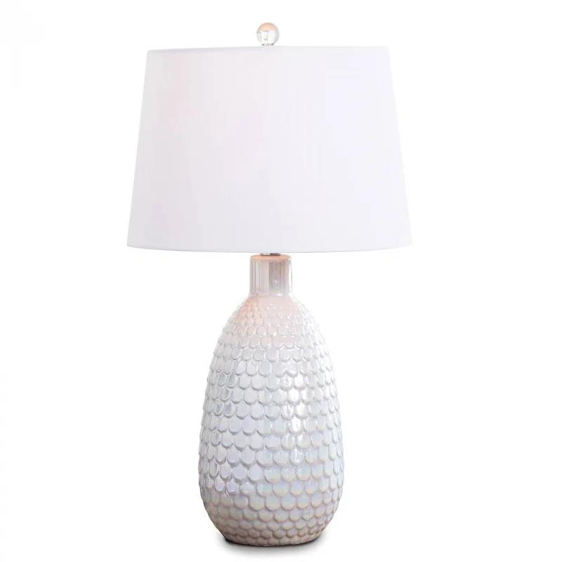 Pearlized White Ceramic Table Lamp with Linen Shade and Polished Nickel Accents