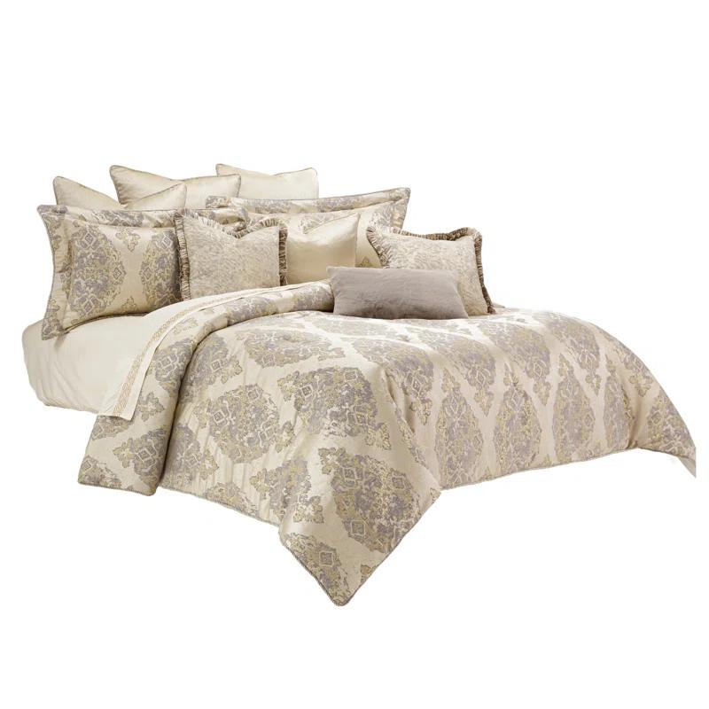 Elegant Ivory Jacquard Queen Comforter Set with Gold Accents