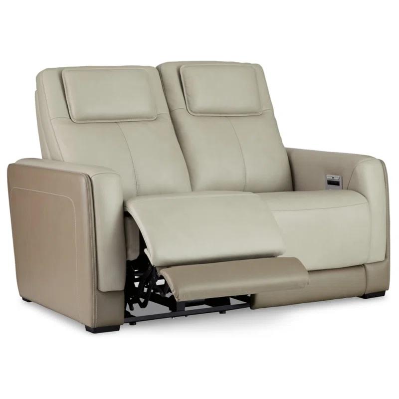Contemporary Beige-White Leather Power Reclining Loveseat