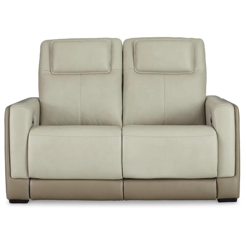 Contemporary Beige-White Leather Power Reclining Loveseat