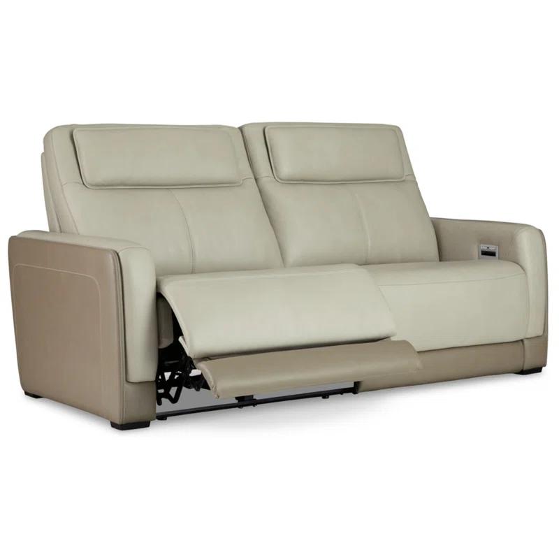 Contemporary Beige & White Faux Leather Power Reclining Sofa