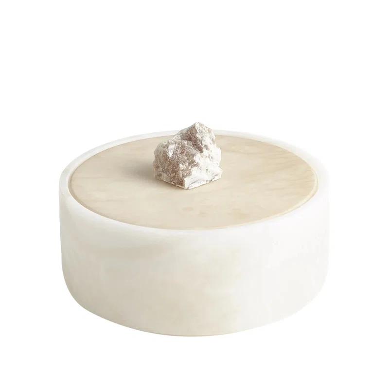 Elegant Italian Alabaster Round Box with Raw Edge Finial, 6.75"