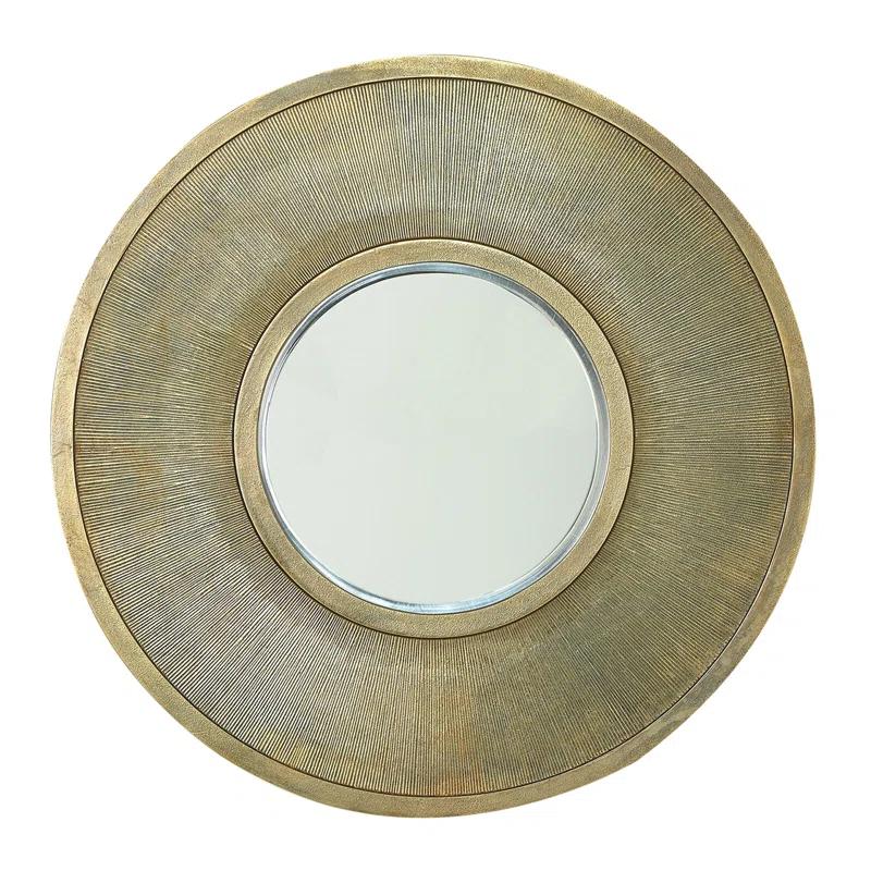Ornate Round Brass-Framed Wall Mirror with Antique Glass Finish