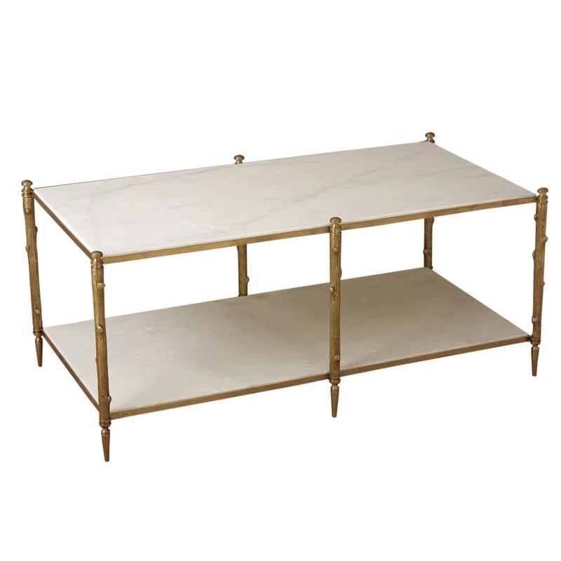 Twig Textured Brass Frame Rectangular Cocktail Table with White Marble Shelves