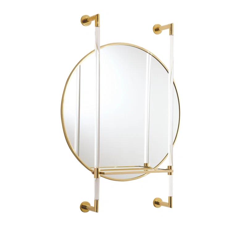 Elegant Round Brass Wall Mirror with Leather Shelf