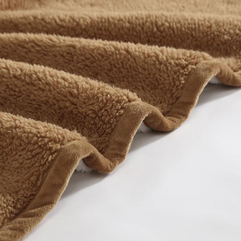 Bi-Colored Brown/Ivory Faux Shearling Reversible Throw Blanket